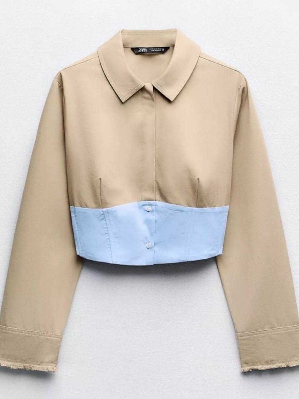 Zara Cropped Two-Tone Button-Front Shirt Jacket in Beige and Light Blue
